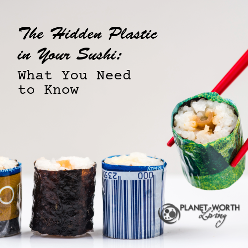 sushi wrapped in plastic which text: "The Hidden Plastic in Your Sushi: What You Need to Know"